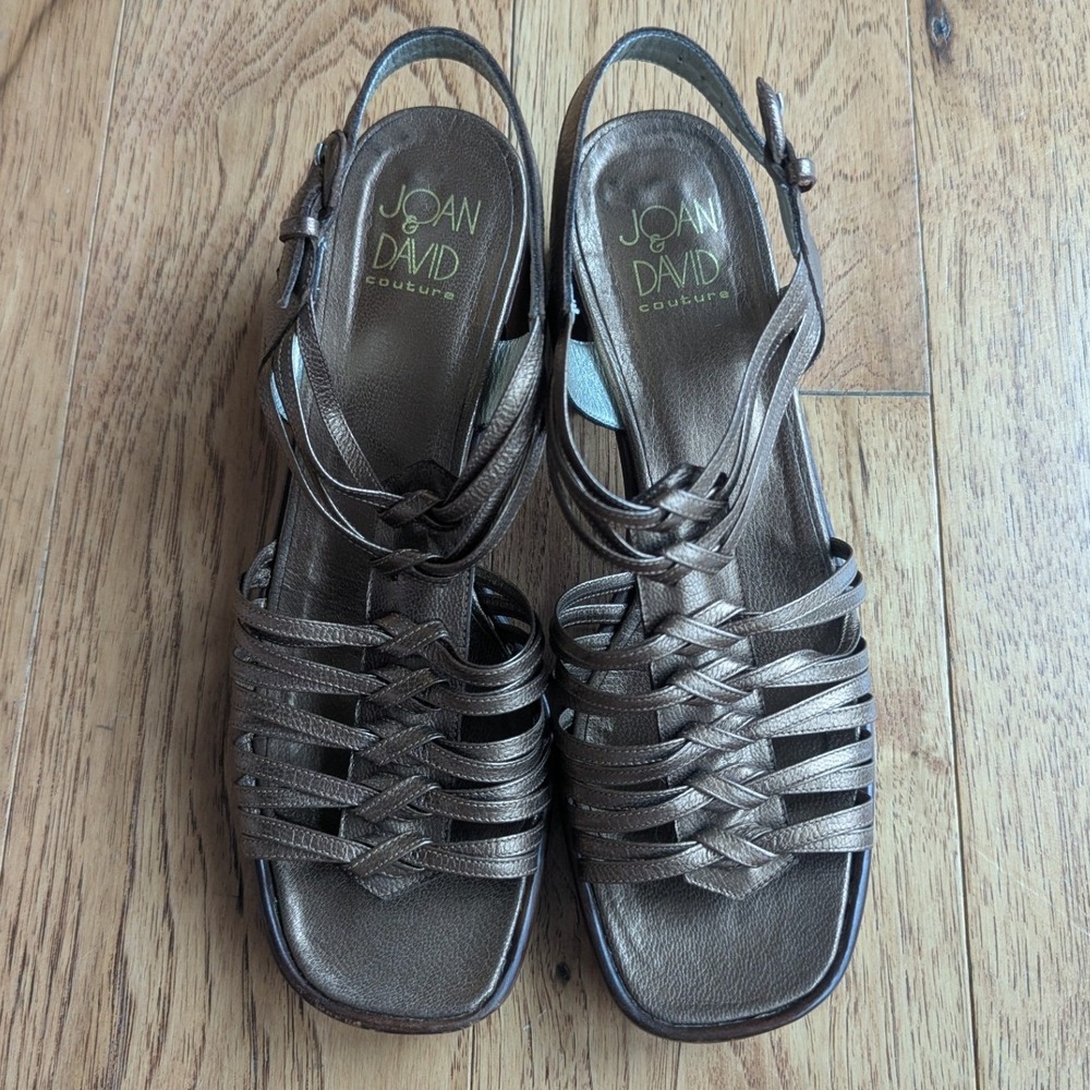 Vtg 90s Joan & David Strappy Sandals Bronze Metallic Leather Block Heel‎ 6.5 B